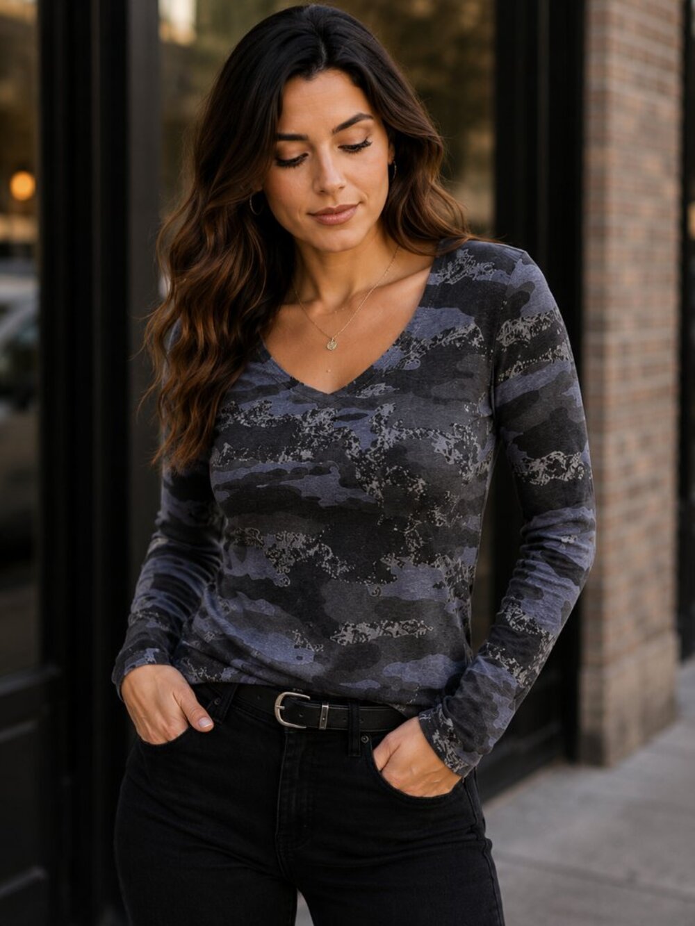Free For Humanity Gray Camo Long Sleeve Top